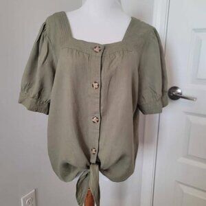 NWT Talbot's Olive Green Tie-Front Linen Blouse - Large